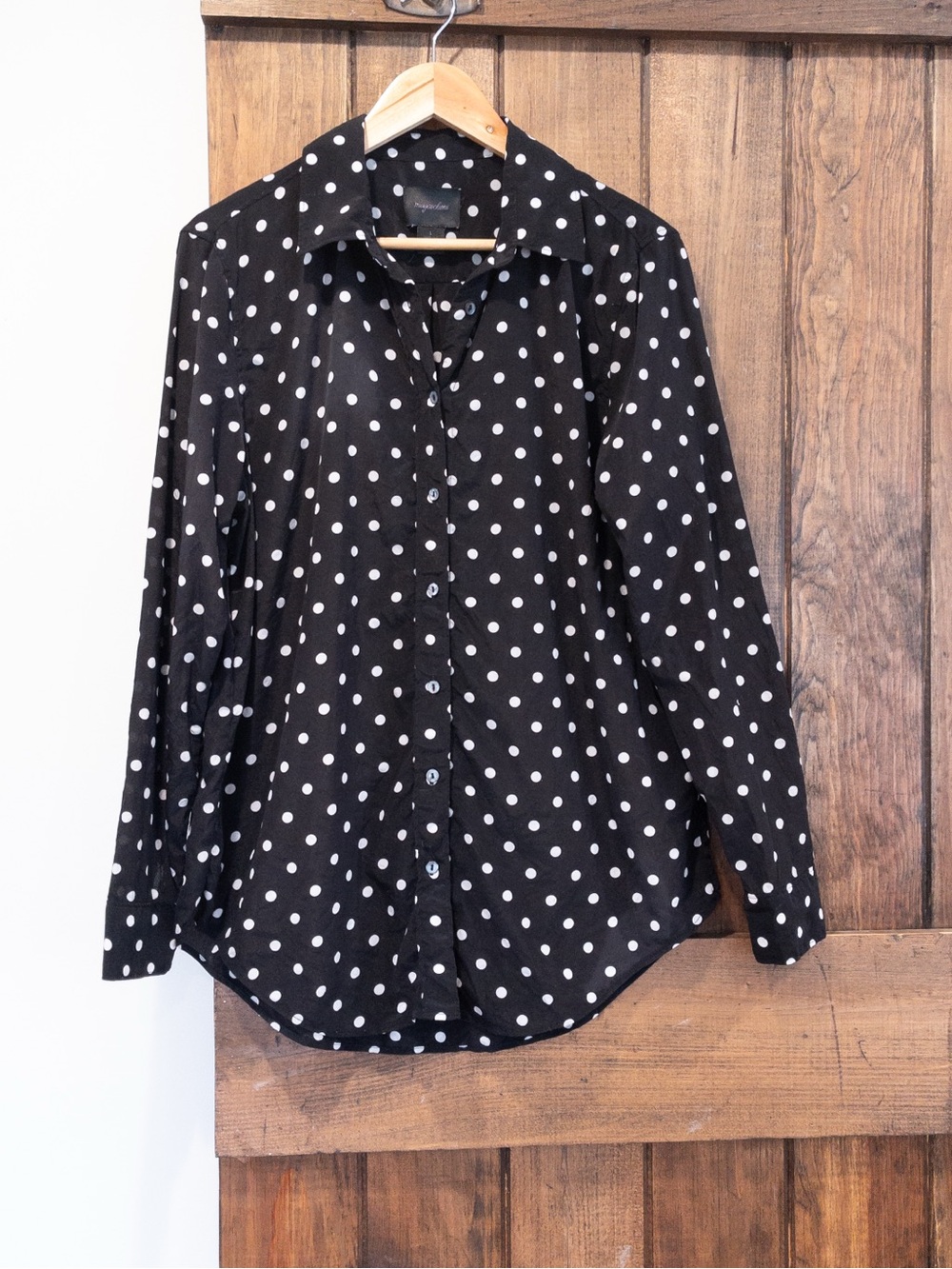 Magaschoni Silk Black & White Polka Dot Collared Button Down Blouse Top Large